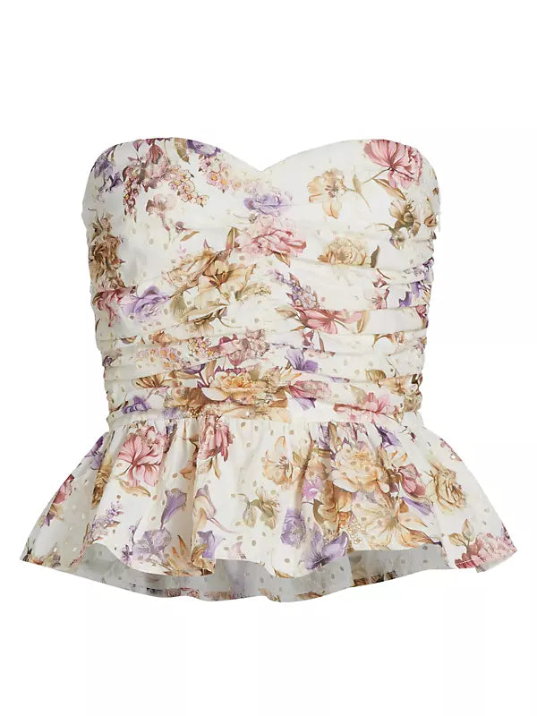 Line and Dot Floret Strapless Peplum Top in Pink Multi