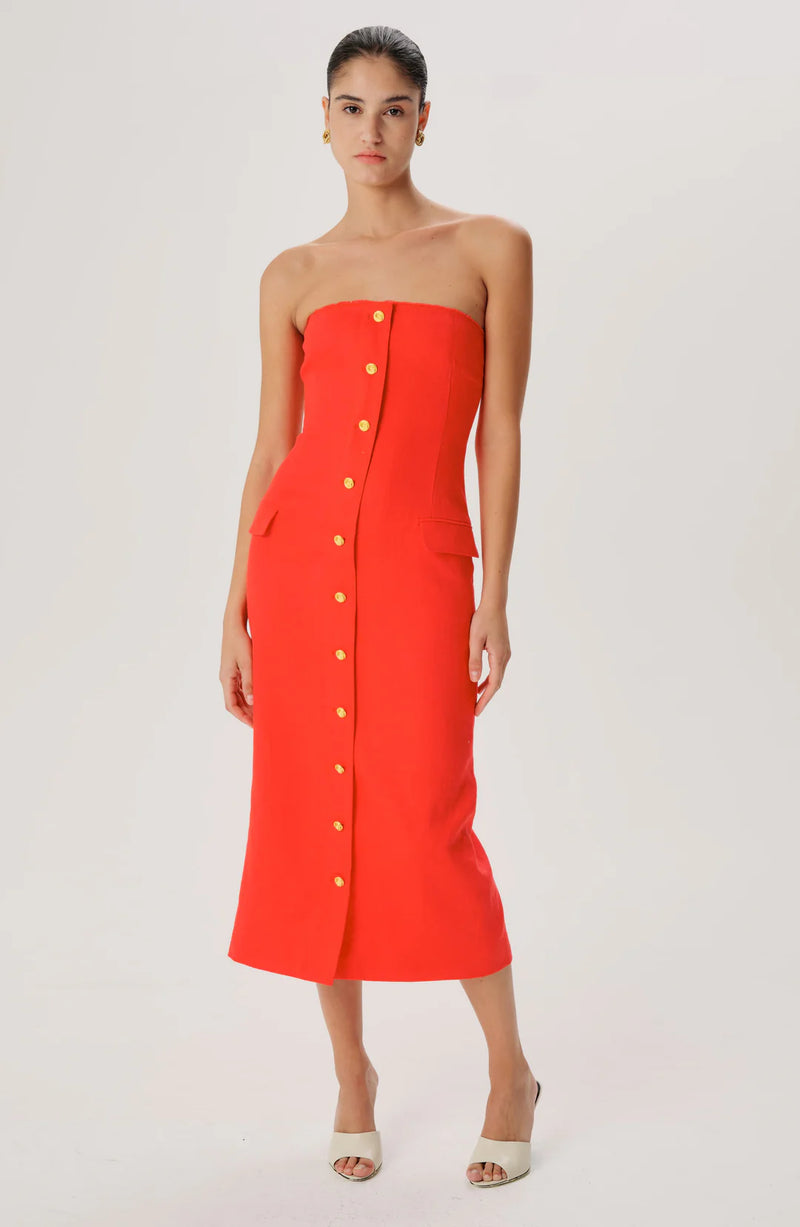 Ronny Kobo Rose Strapless Midi Dress in Red