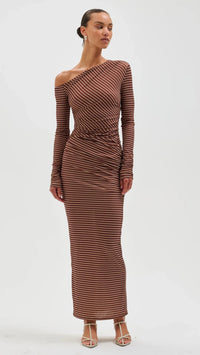 Ronny Kobo Annamaria Off The Shoulder Dress in Cocoa Ecru Stripe