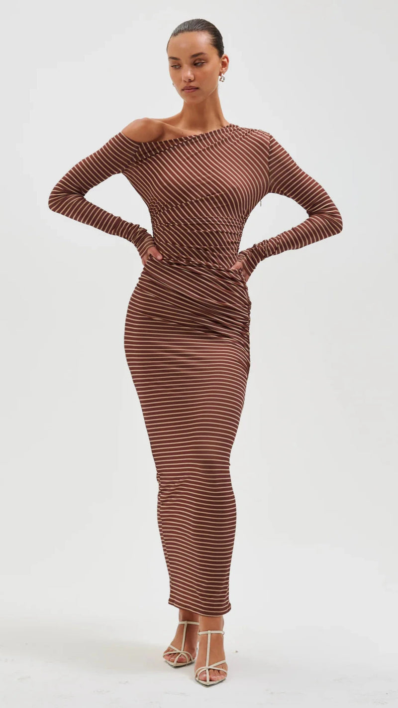 Ronny Kobo Annamaria Off The Shoulder Dress in Cocoa Ecru Stripe