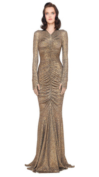 Norma Kamali Sequin Long Sleeve Shirred Front Fishtail Gown in Bronze