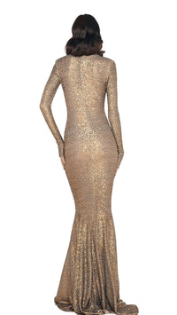 Norma Kamali Sequin Long Sleeve Shirred Front Fishtail Gown in Bronze