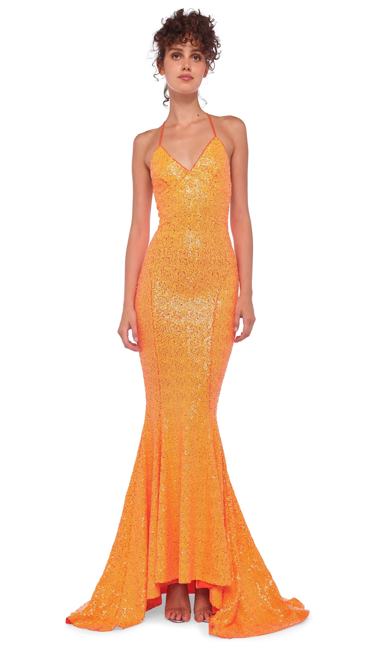 Norma Kamali Sequin Low Back Slip Mermaid Fishtail Gown in Neon Orange *CALL TO ORDER*