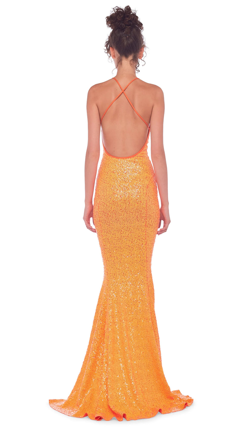 Norma Kamali Sequin Low Back Slip Mermaid Fishtail Gown in Neon Orange *CALL TO ORDER*