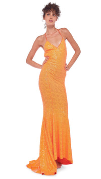 Norma Kamali Sequin Low Back Slip Mermaid Fishtail Gown in Neon Orange *CALL TO ORDER*