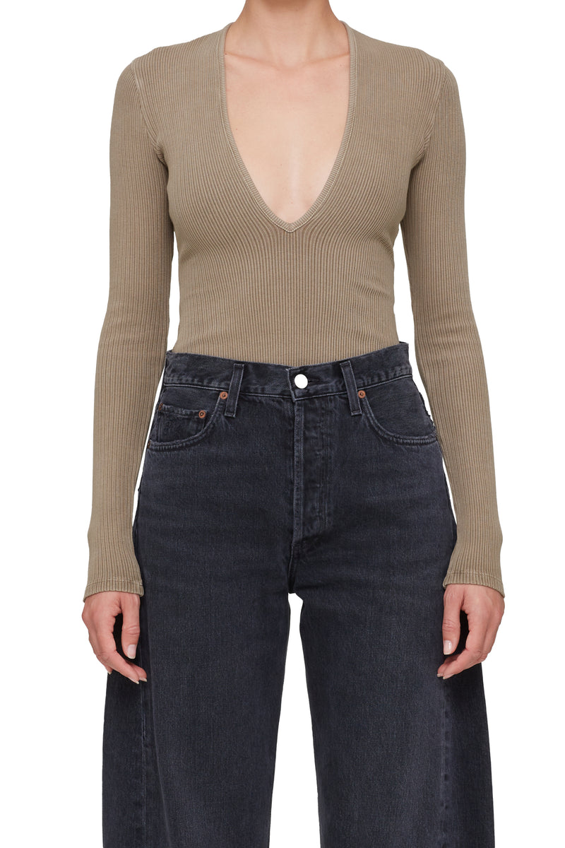 AGOLDE Denim Zena Ribbed Bodysuit in Trail