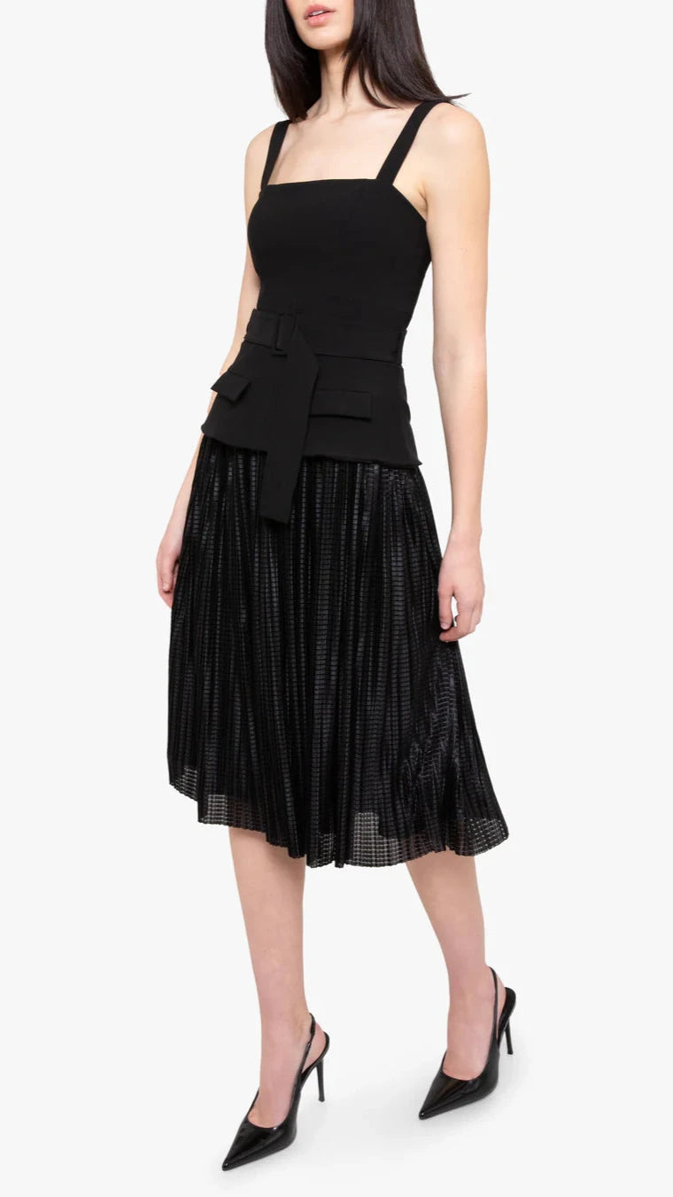 Black Halo Noemia Pleated Belted Midi Dress in Black