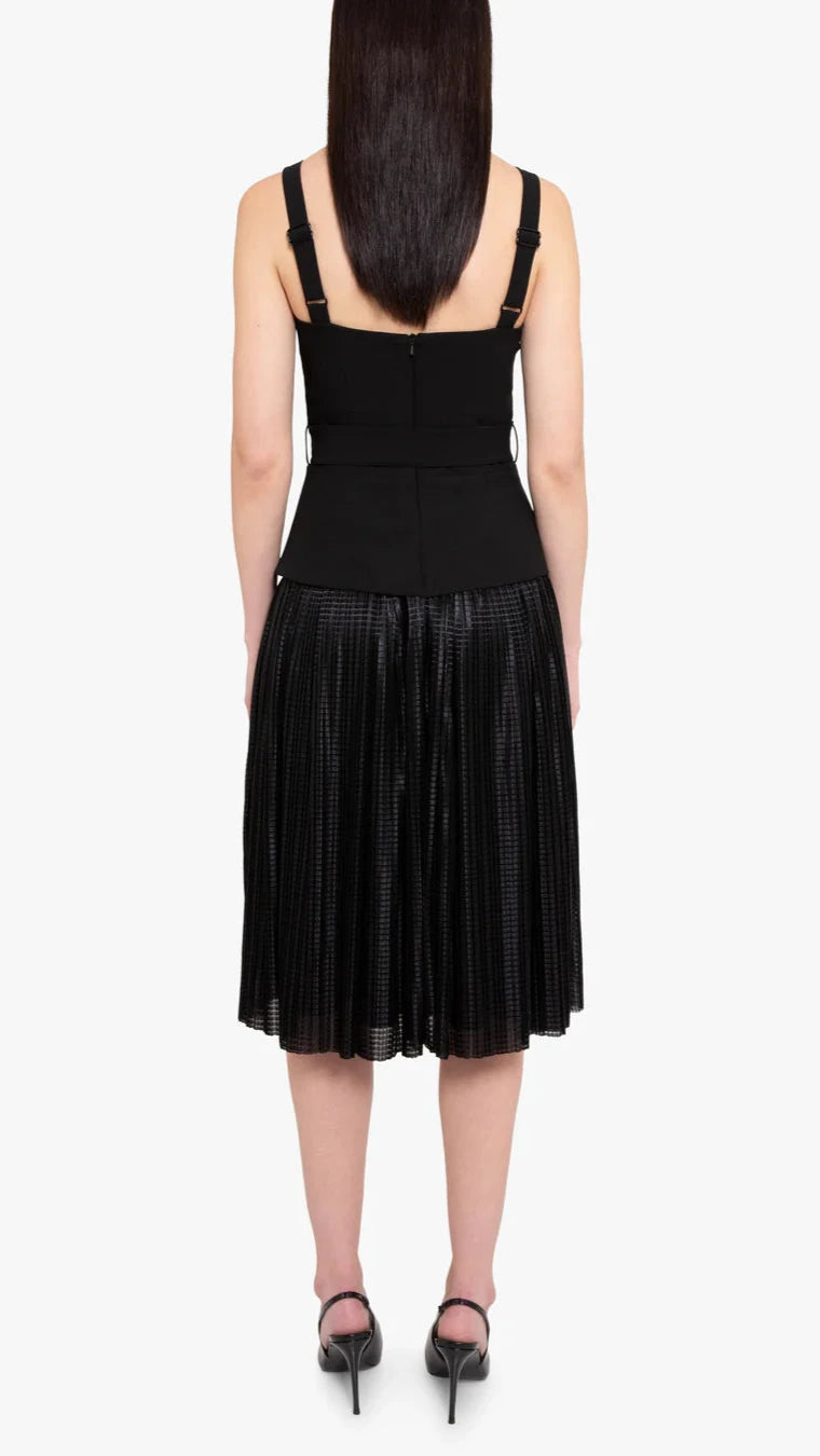 Black Halo Noemia Pleated Belted Midi Dress in Black