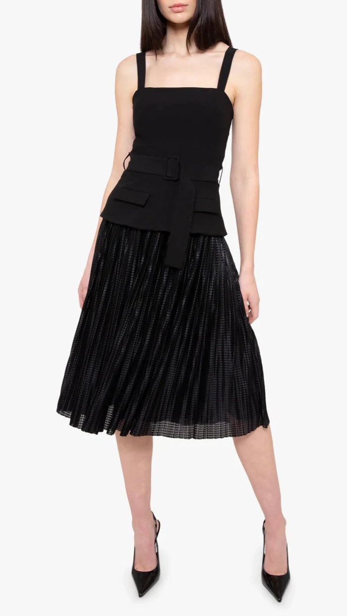 Black Halo Noemia Pleated Belted Midi Dress in Black