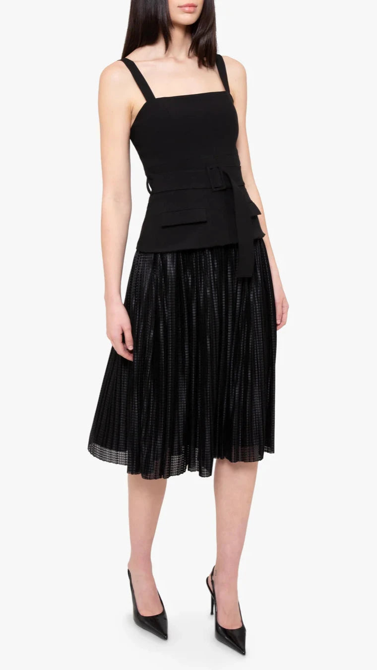 Black Halo Noemia Pleated Belted Midi Dress in Black