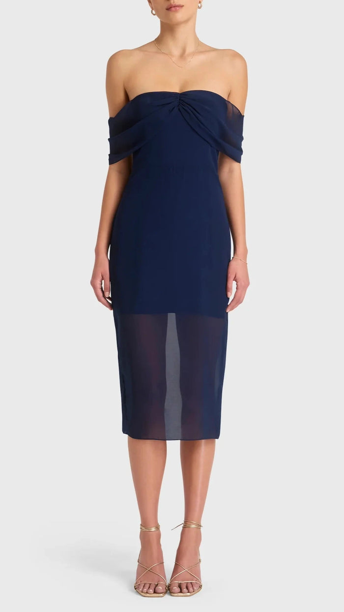 Amanda Uprichard Darien Off The Shoulder Midi Dress in Navy