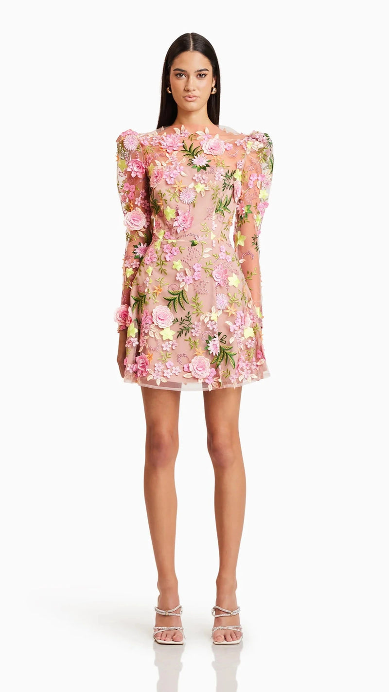 Elliatt Aella Aline Long Sleeve Embroidered Mini Dress in Pink Multi