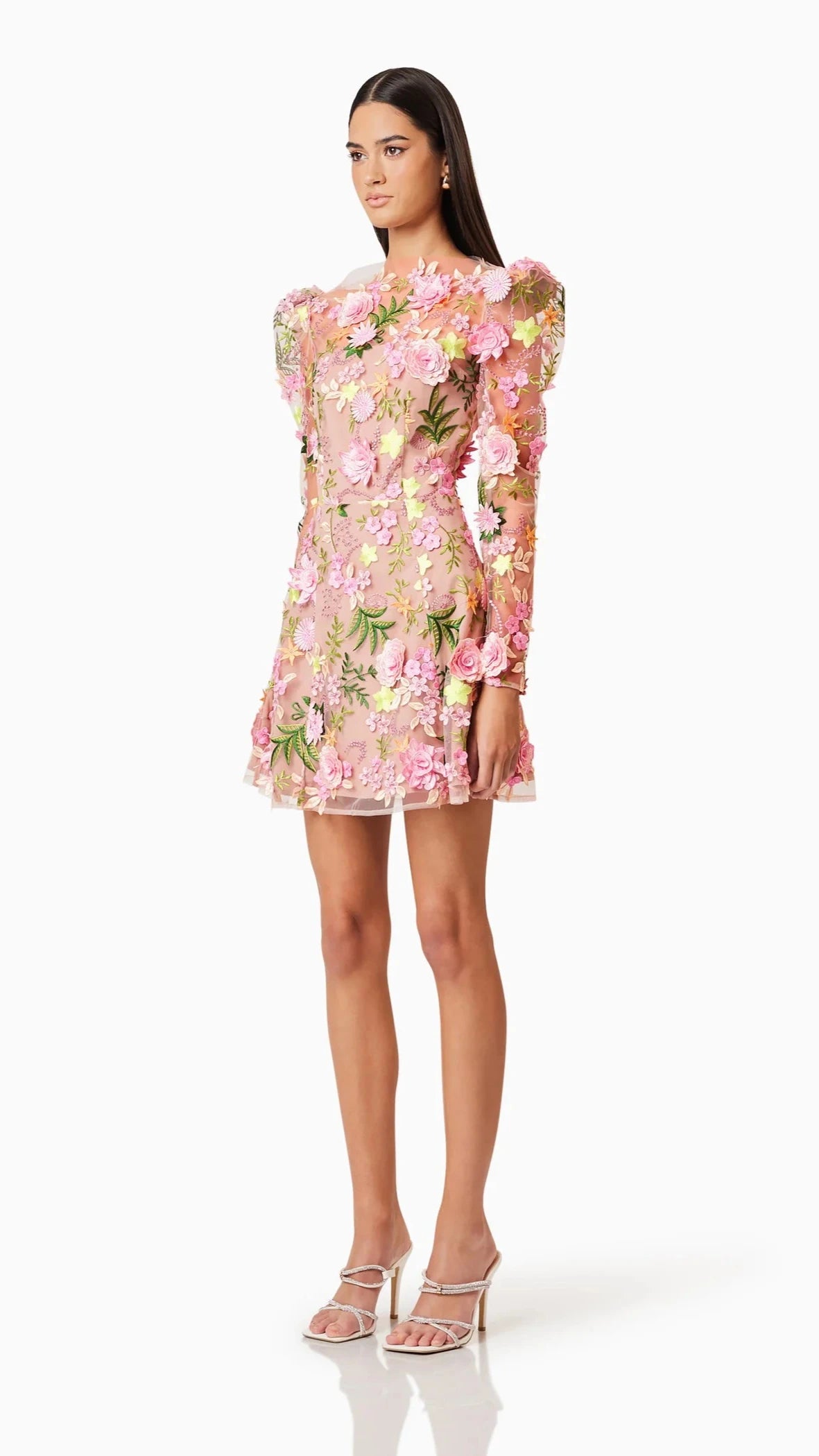 Elliatt Aella Aline Long Sleeve Embroidered Mini Dress in Pink Multi