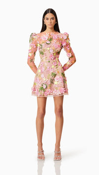 Elliatt Aella Aline Long Sleeve Embroidered Mini Dress in Pink Multi