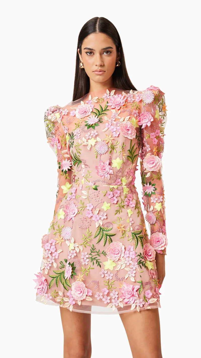 Elliatt Aella Aline Long Sleeve Embroidered Mini Dress in Pink Multi