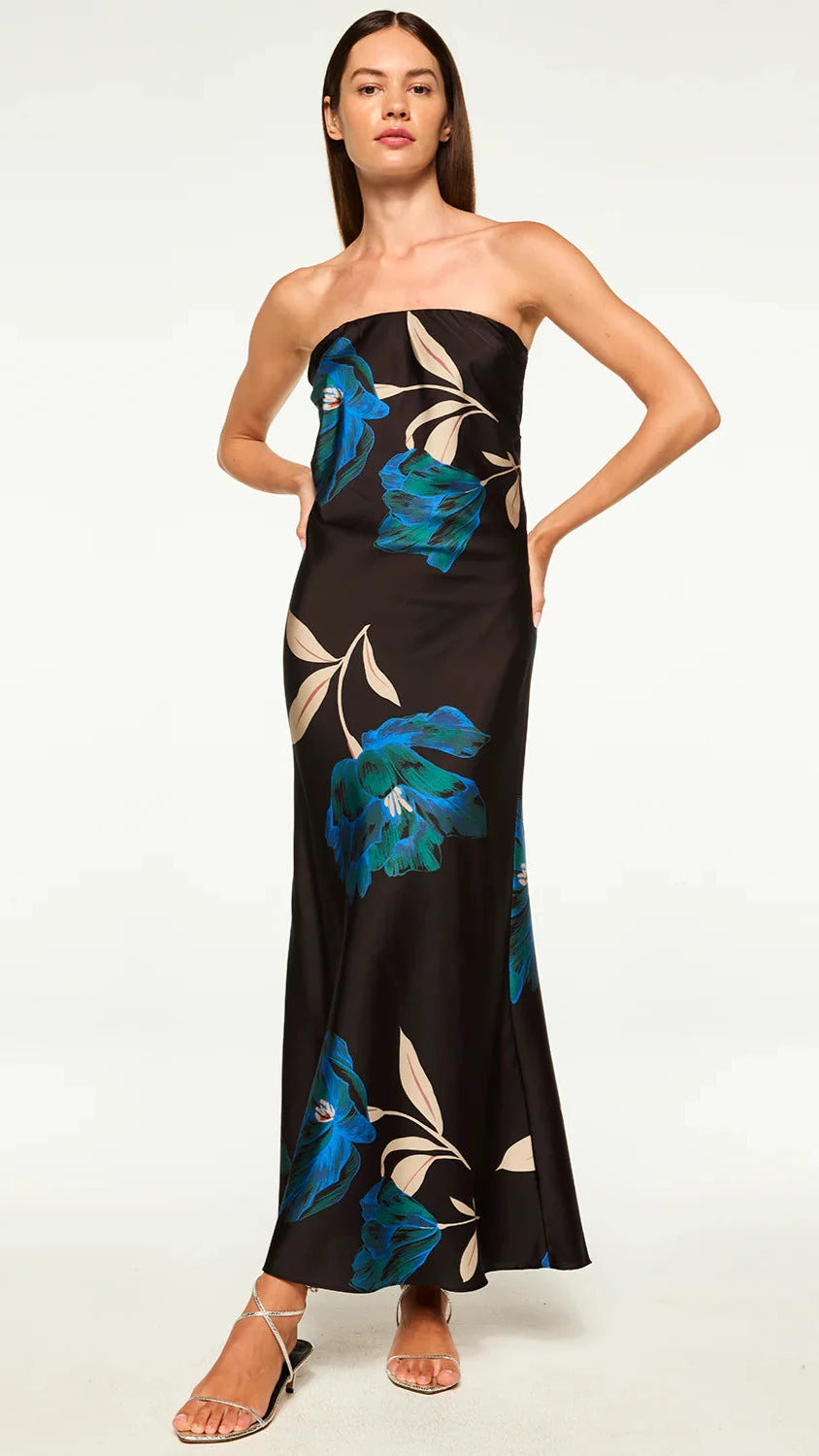 Misa Cheryl Strapless Satin Dress in Nightshade Flora Motif