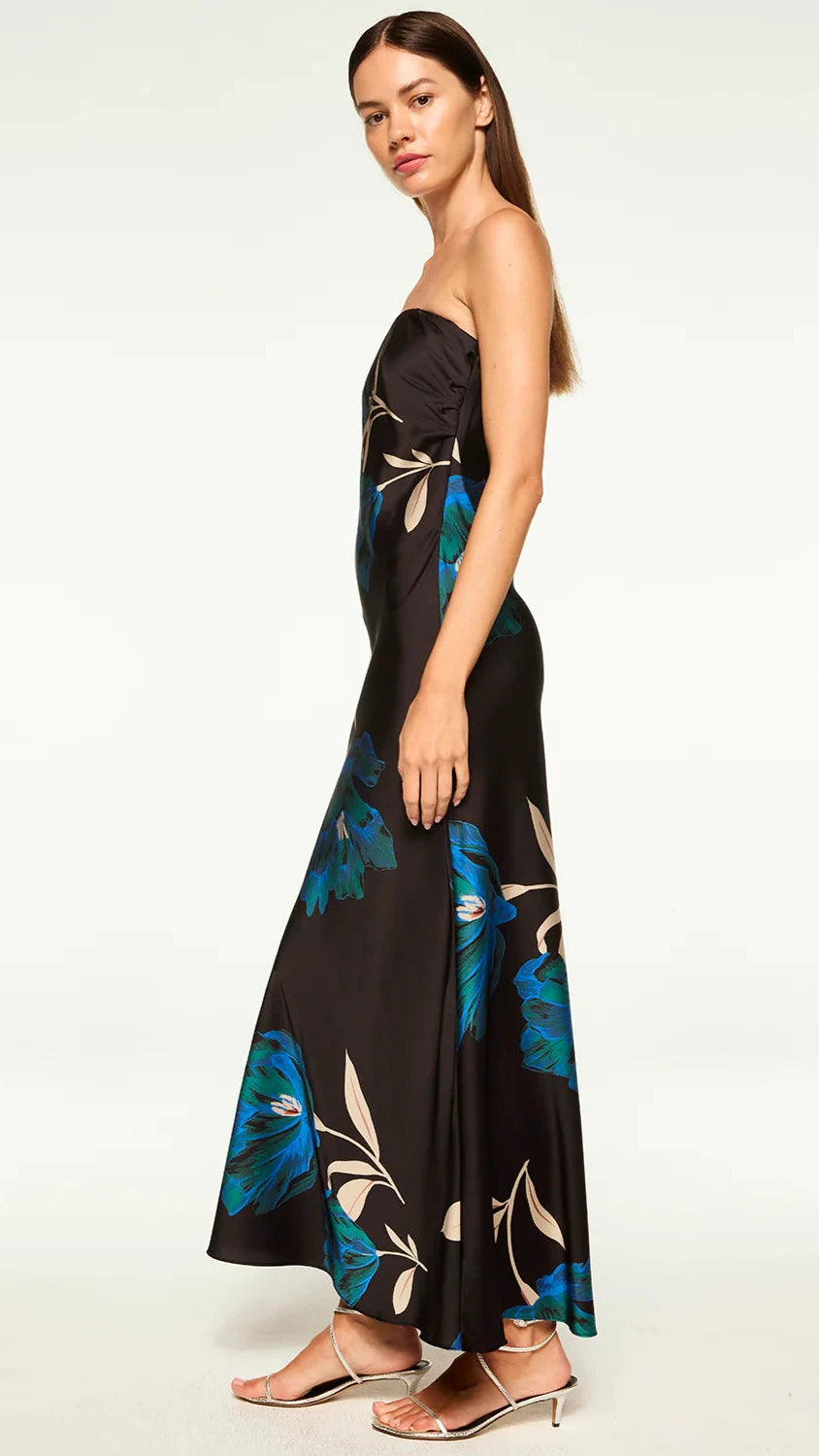 Misa Cheryl Strapless Satin Dress in Nightshade Flora Motif