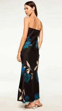 Misa Cheryl Strapless Satin Dress in Nightshade Flora Motif