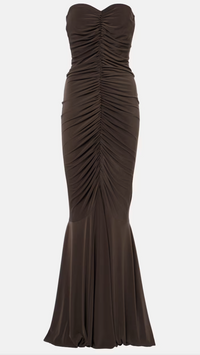 Norma Kamali Strapless Shirred Front Fishtail Gown in Espresso