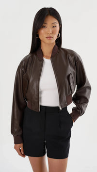 Lamarque Evelin Faux Leather Cropped Bomber in Dark Brown