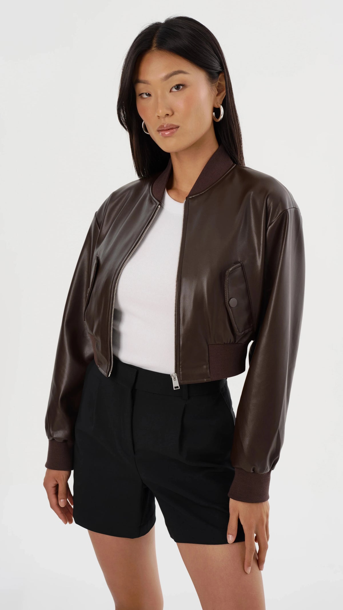 Lamarque Evelin Faux Leather Cropped Bomber in Dark Brown