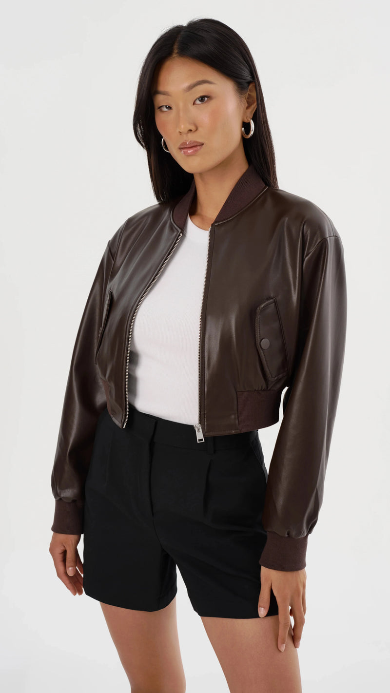 Lamarque Evelin Faux Leather Cropped Bomber in Dark Brown