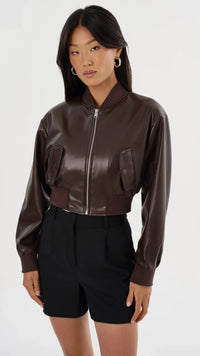 Lamarque Evelin Faux Leather Cropped Bomber in Dark Brown