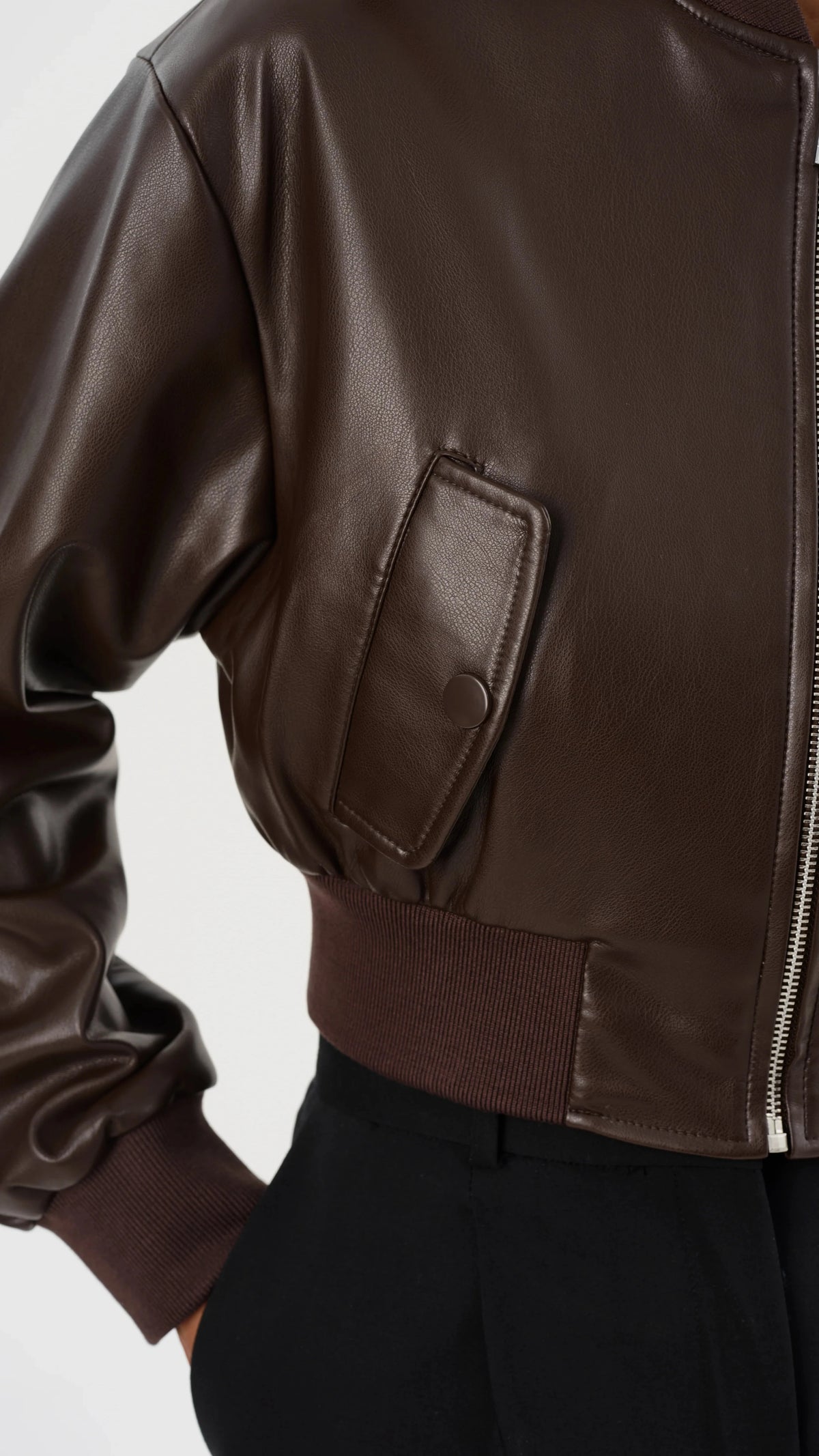 Lamarque Evelin Faux Leather Cropped Bomber in Dark Brown