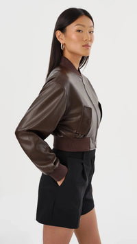 Lamarque Evelin Faux Leather Cropped Bomber in Dark Brown