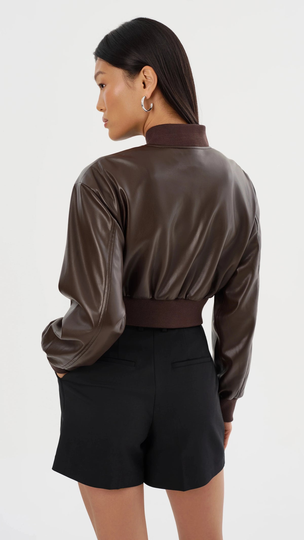 Lamarque Evelin Faux Leather Cropped Bomber in Dark Brown