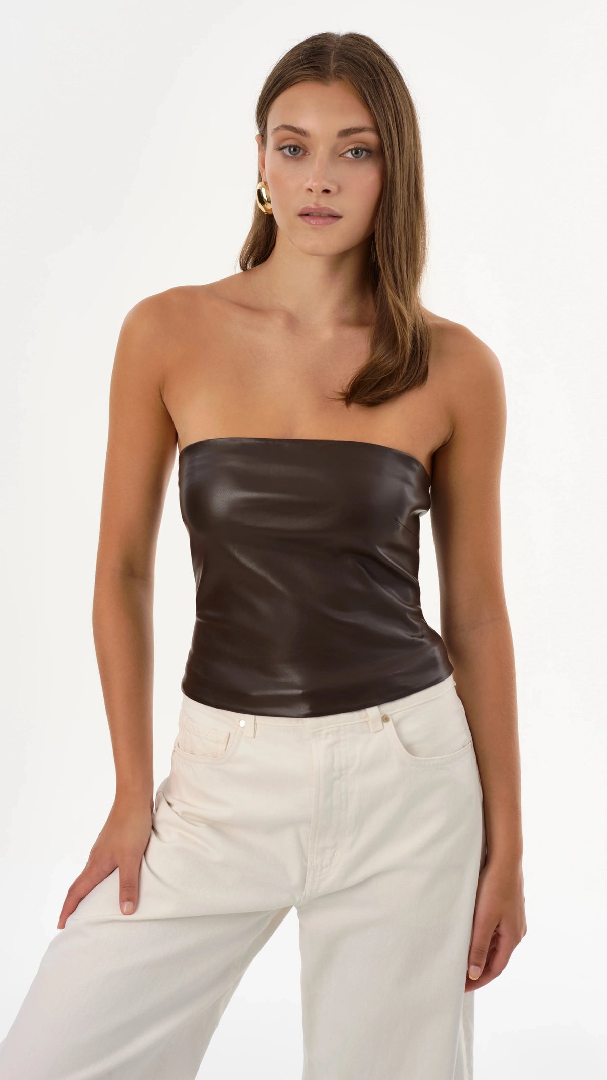 Lamarque Giada Faux Leather Strapless Top in Dark Brown