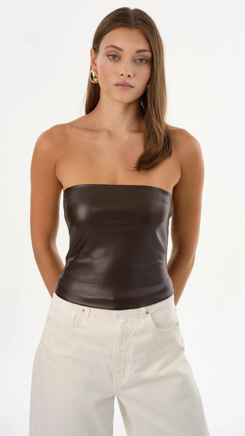 Lamarque Giada Faux Leather Strapless Top in Dark Brown