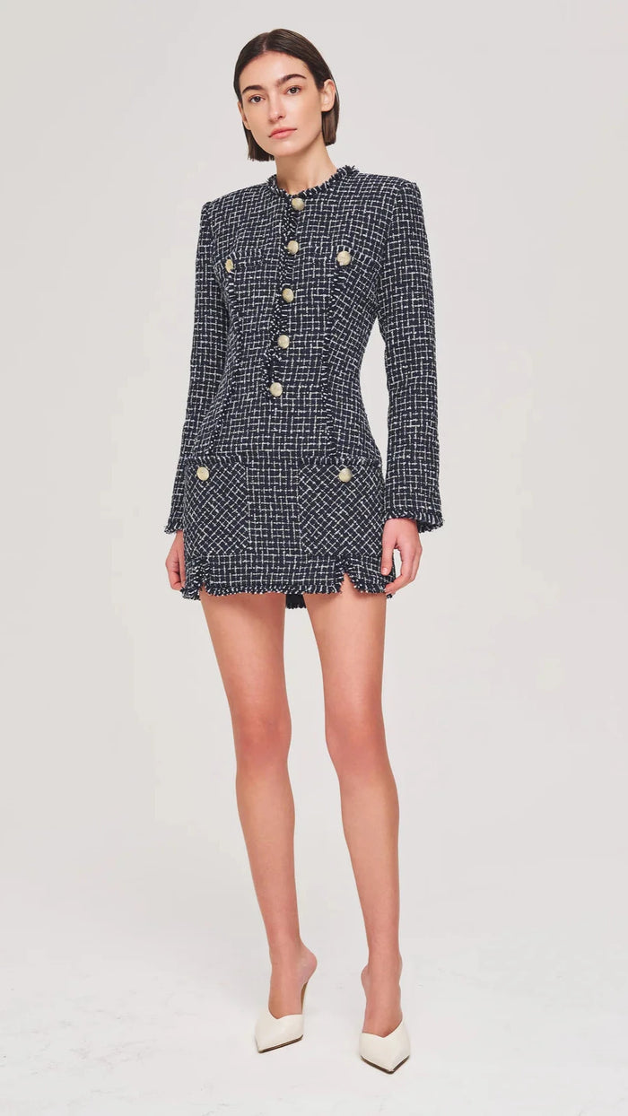 Ronny Kobo Gisele Long Sleeve Tweed Mini Dress in Navy/White