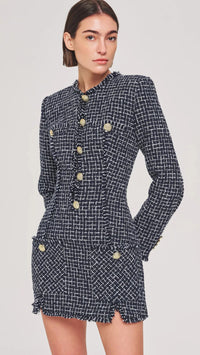 Ronny Kobo Gisele Long Sleeve Tweed Mini Dress in Navy/White