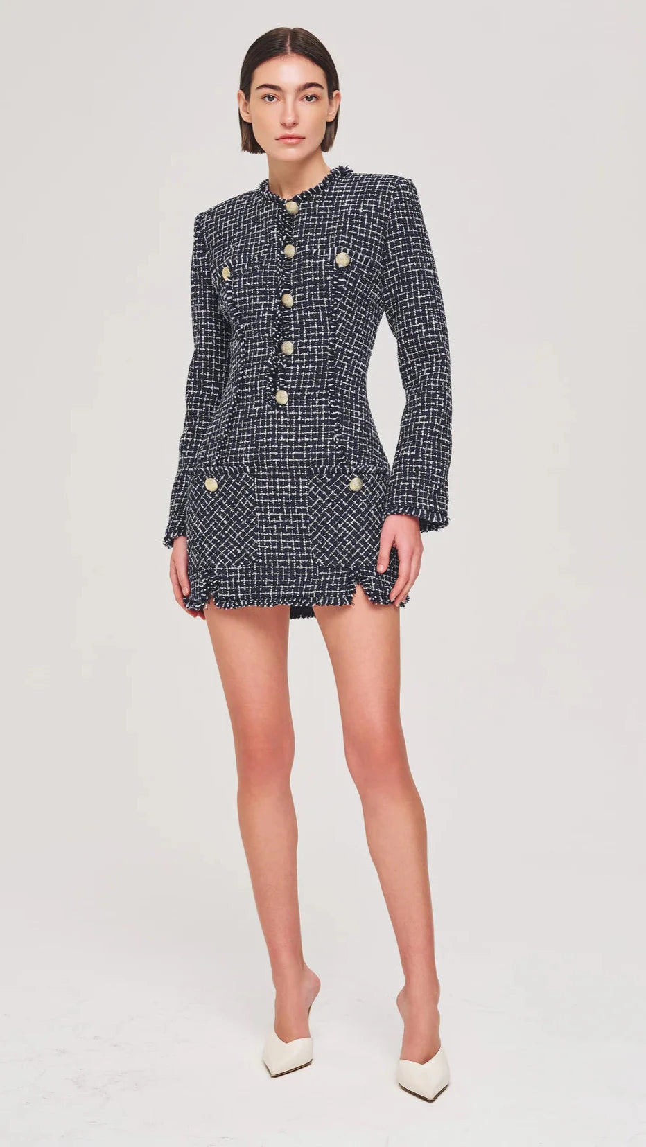 Ronny Kobo Gisele Long Sleeve Tweed Mini Dress in Navy/White