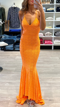 Norma Kamali Sequin Low Back Slip Mermaid Fishtail Gown in Neon Orange *CALL TO ORDER*