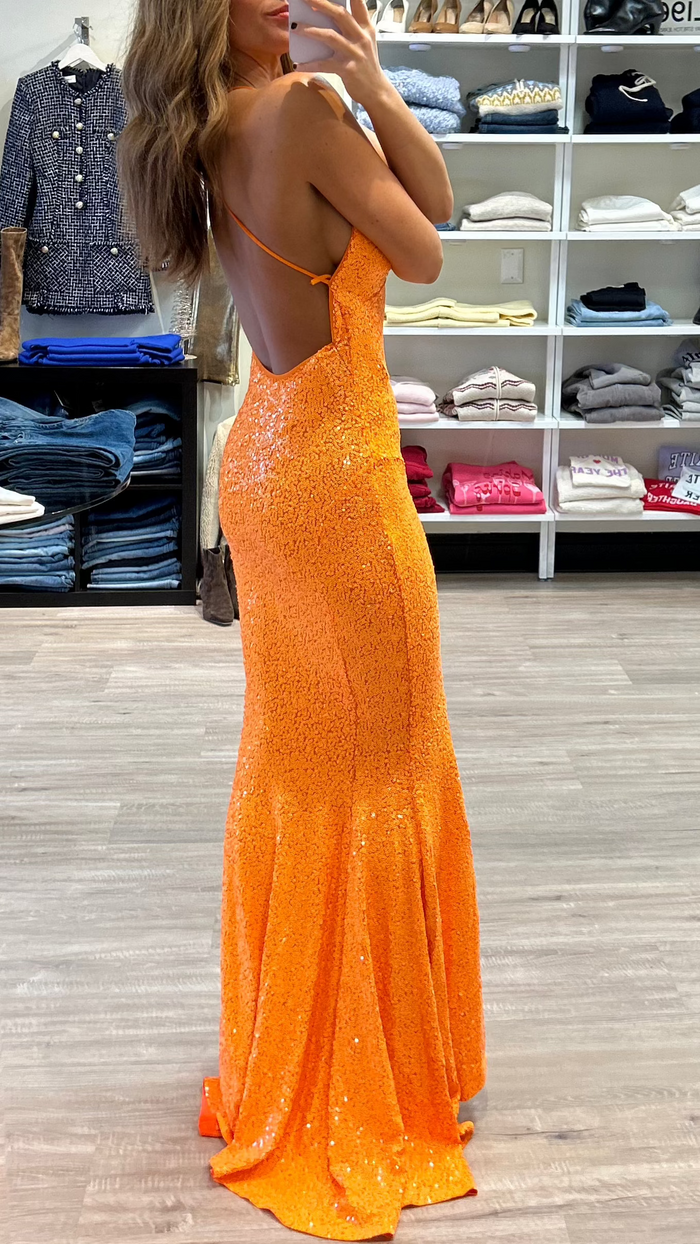 Norma Kamali Sequin Low Back Slip Mermaid Fishtail Gown in Neon Orange *CALL TO ORDER*