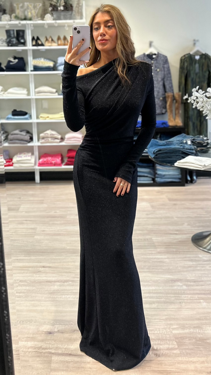 Lamarque Iniala Long Sleeve Lurex Knit Maxi Dress in Black