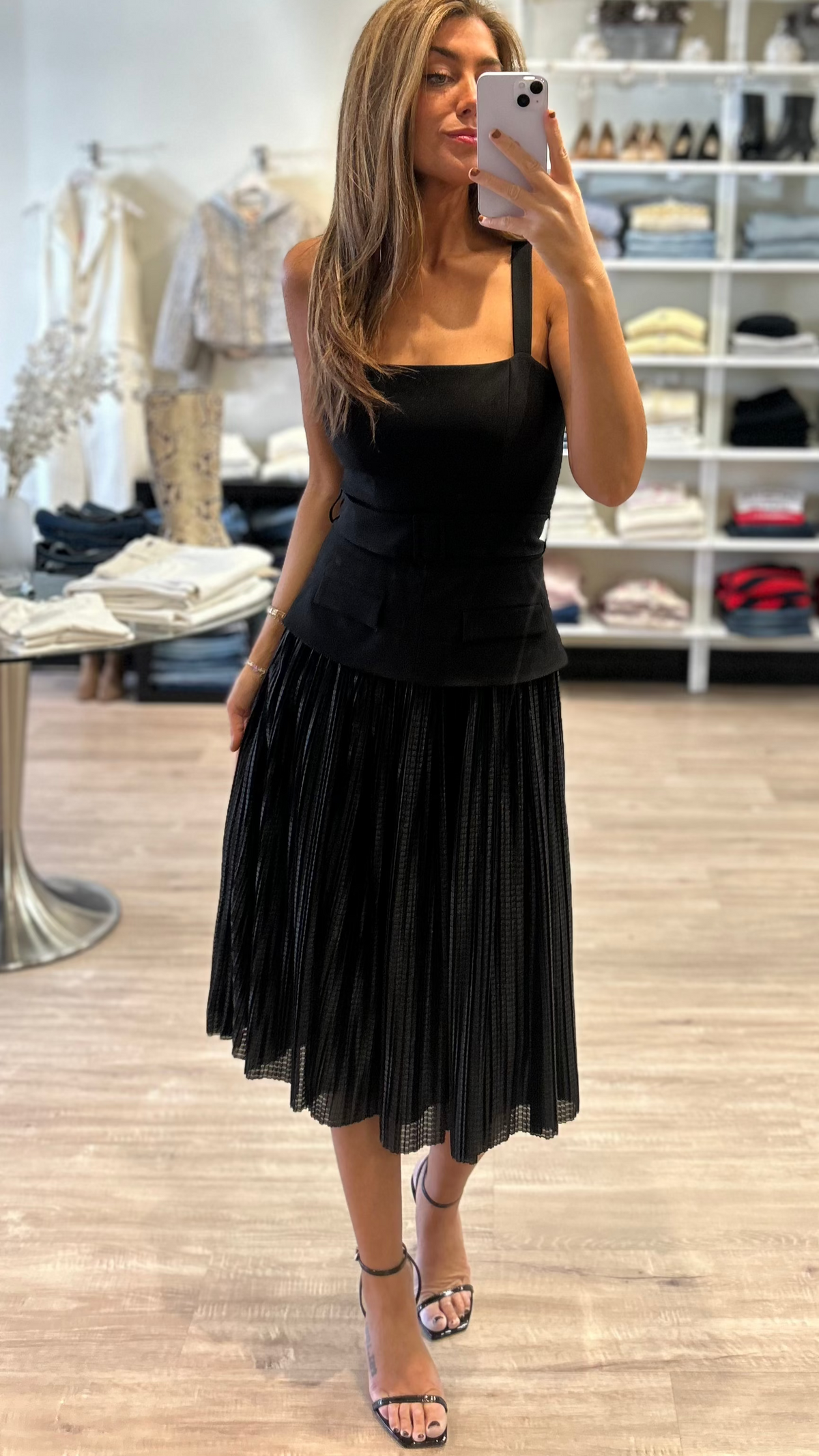 Black Halo Noemia Pleated Belted Midi Dress in Black