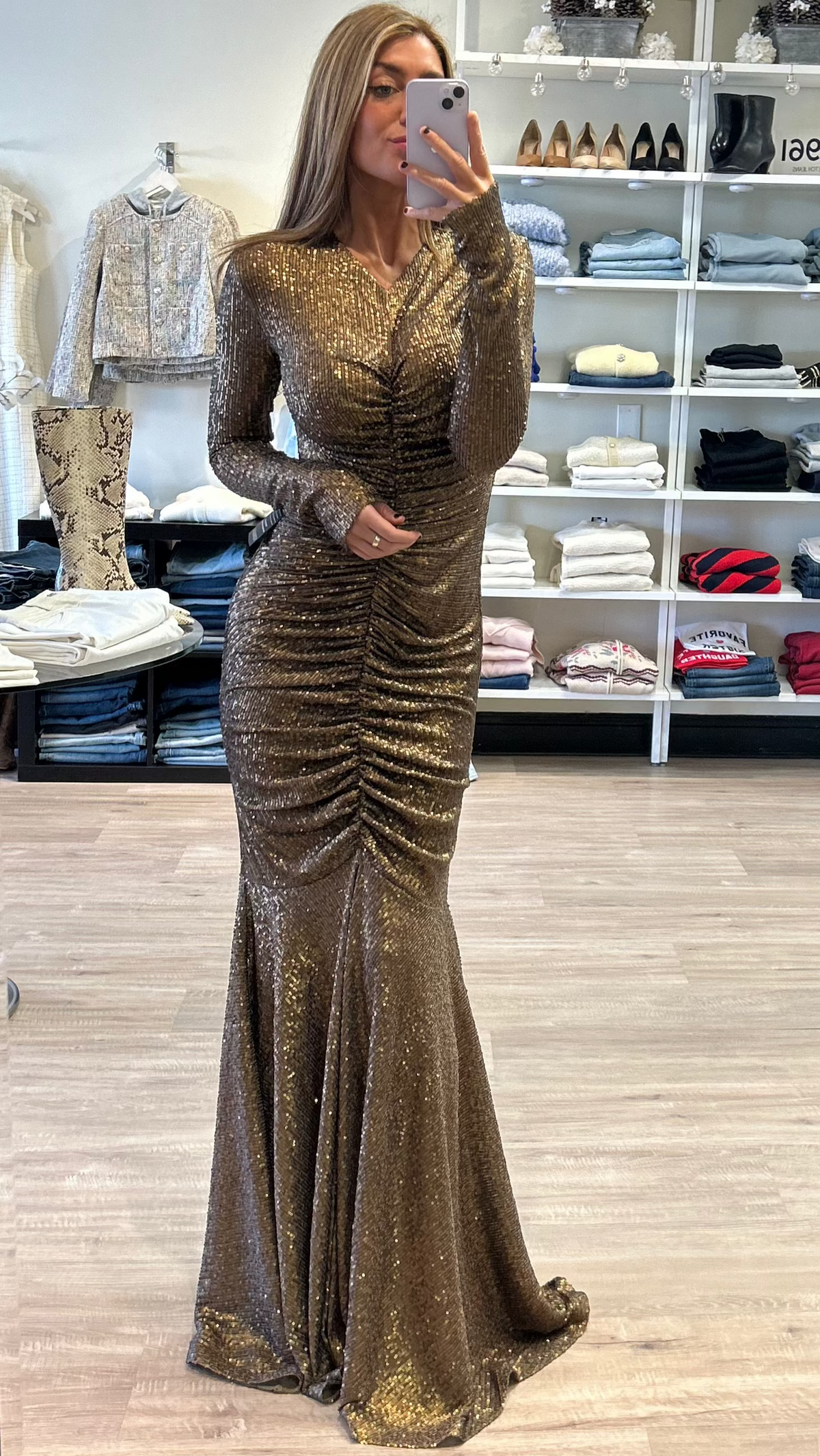 Norma Kamali Sequin Long Sleeve Shirred Front Fishtail Gown in Bronze