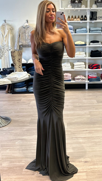 Norma Kamali Strapless Shirred Front Fishtail Gown in Espresso