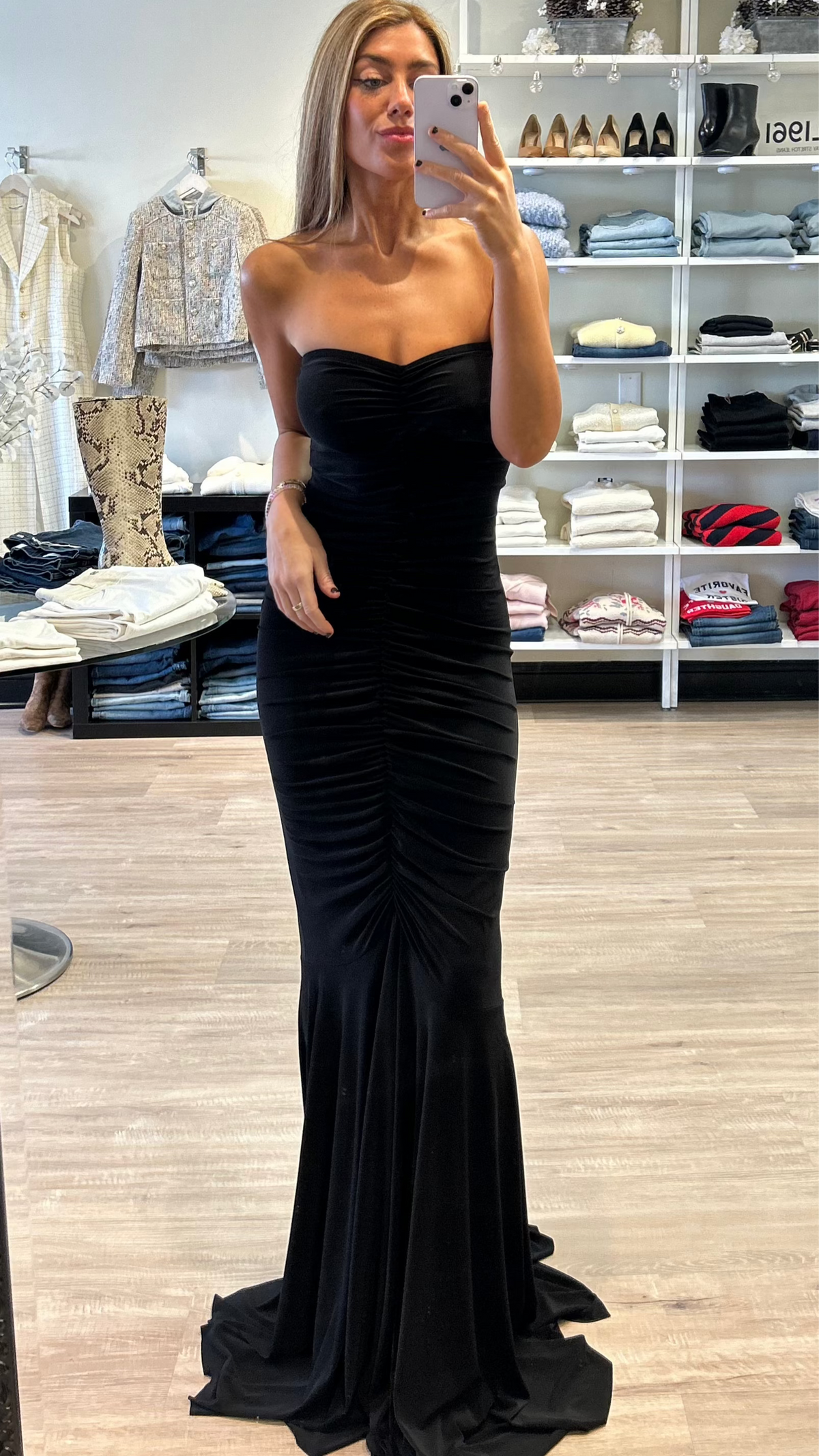 Norma Kamali Strapless Shirred Front Fishtail Gown in Black