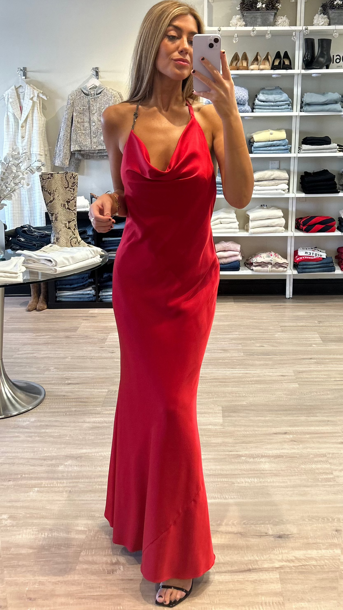 Liv Foster Sofia Satin Halter Gown in Red