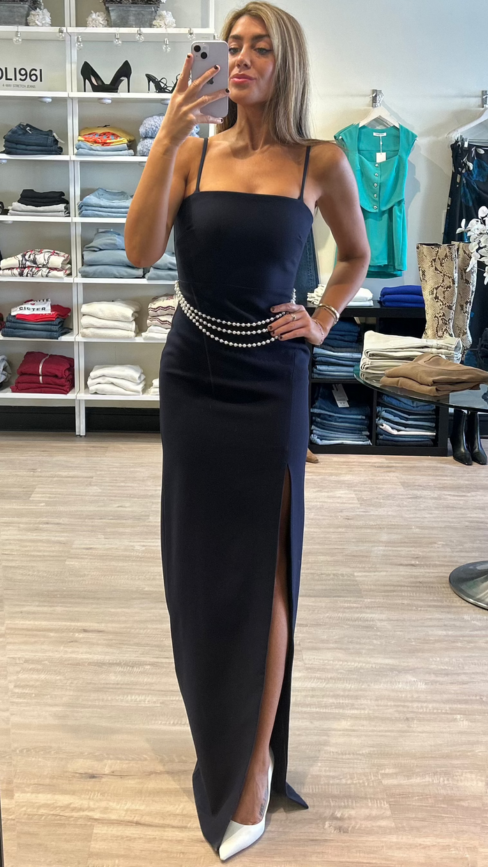 Likely Josie Pearl Chain Belt Gown in Navy