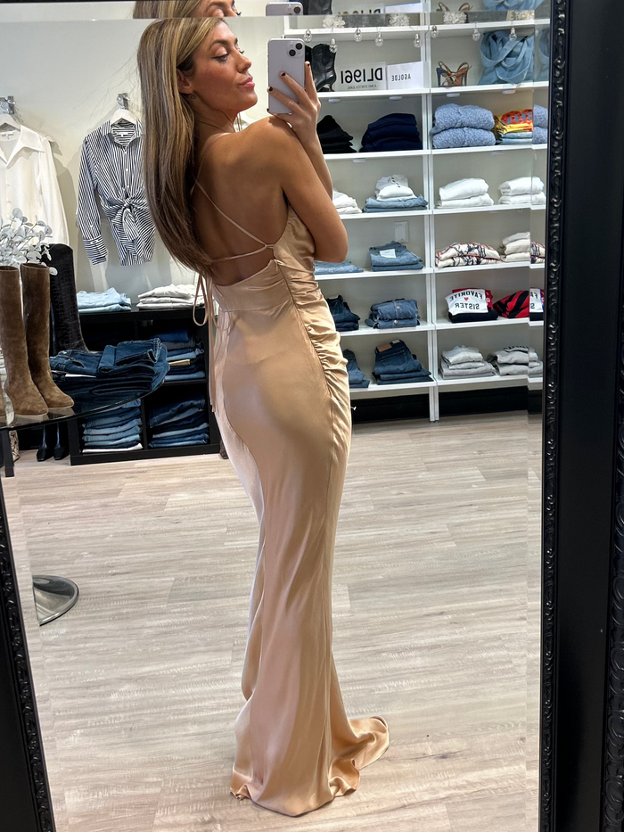 CD Cowl Satin Slip Lace Back Gown in Rose Gold