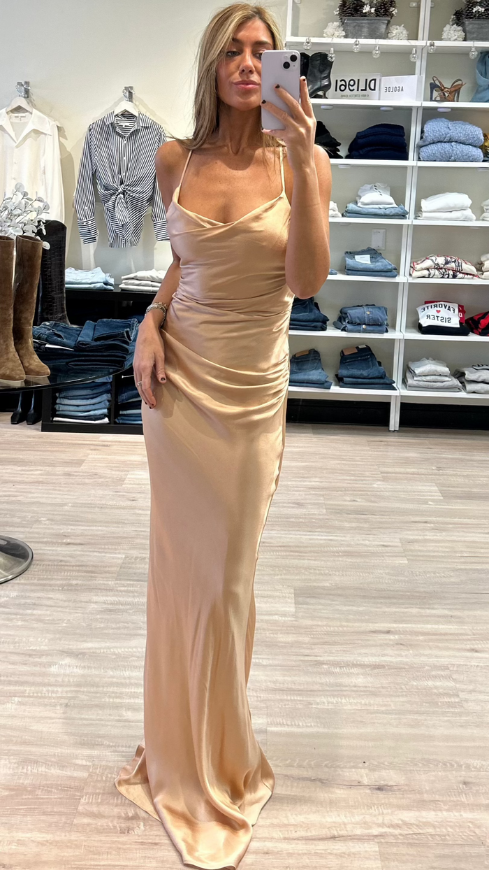 CD Cowl Satin Slip Lace Back Gown in Rose Gold