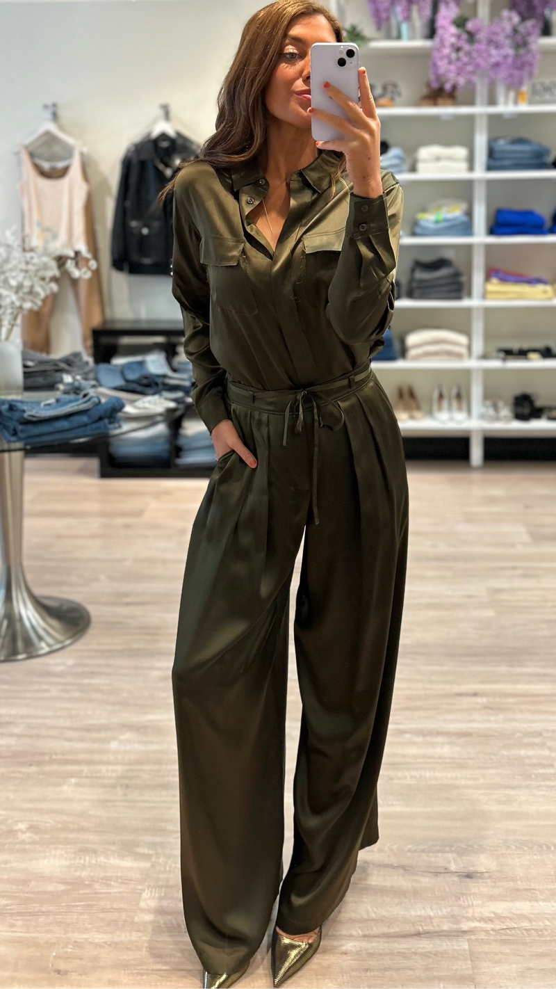 Frame Denim Long Silk Trouser Pants in Rich Military