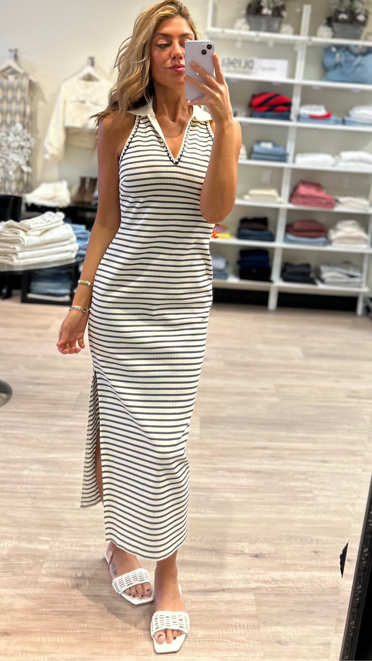 Saylor Giada Knit Collar Midi Dress in White/Blue Stripe