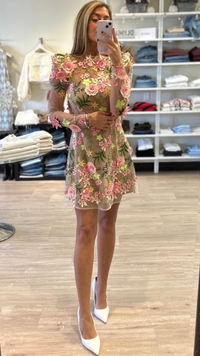 Elliatt Aella Aline Long Sleeve Embroidered Mini Dress in Pink Multi