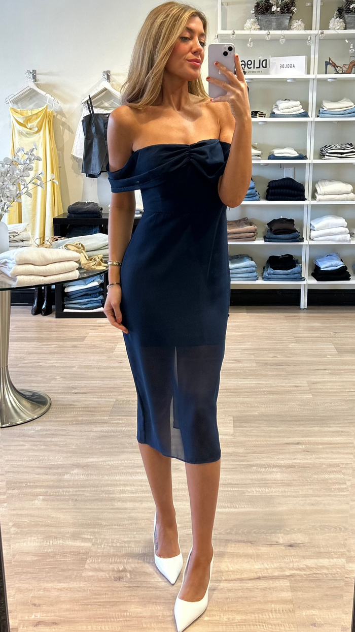 Amanda Uprichard Darien Off The Shoulder Midi Dress in Navy